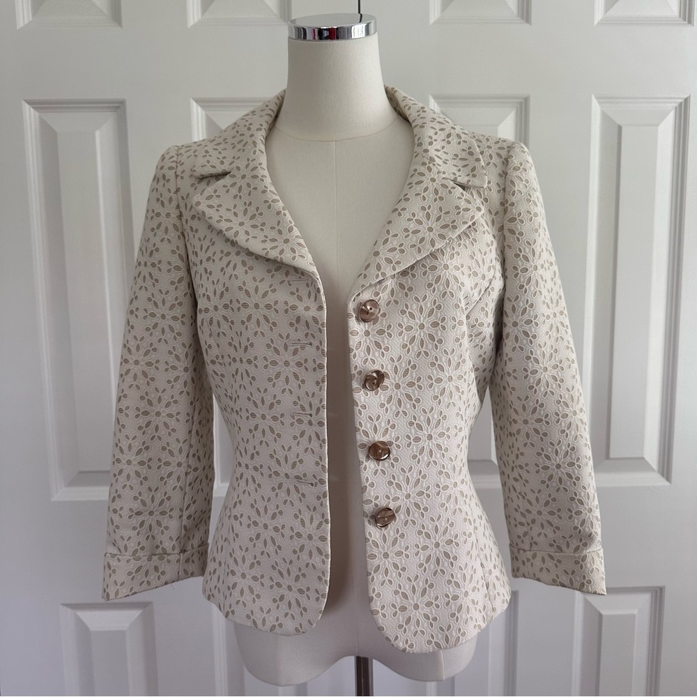 Tahari Tan Navy Tailored Business taupe Off White Cut Outs Blazer Slim Fit Size4 - Picture 1 of 7